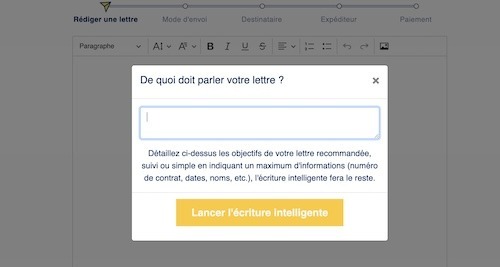 Interface de rédaction de lettre avec fenêtre « De quoi doit parler votre lettre ? »