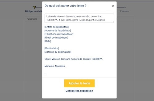 Suggestion automatique de lettre de mise en demeure générée par IA avec champs préremplis.