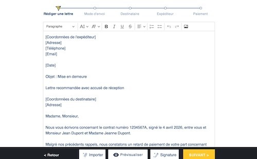 Exemple de lettre de mise en demeure complétée dans un éditeur en ligne.