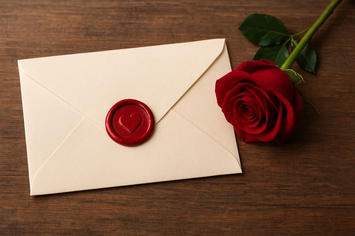 Image d'une lettre scellée à cőté d'une rose.