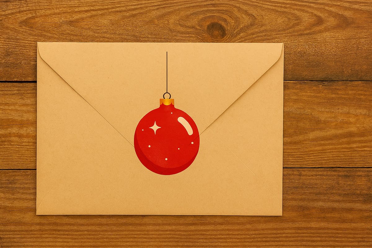 Image d’une enveloppe avec une boule de Noël rouge.
