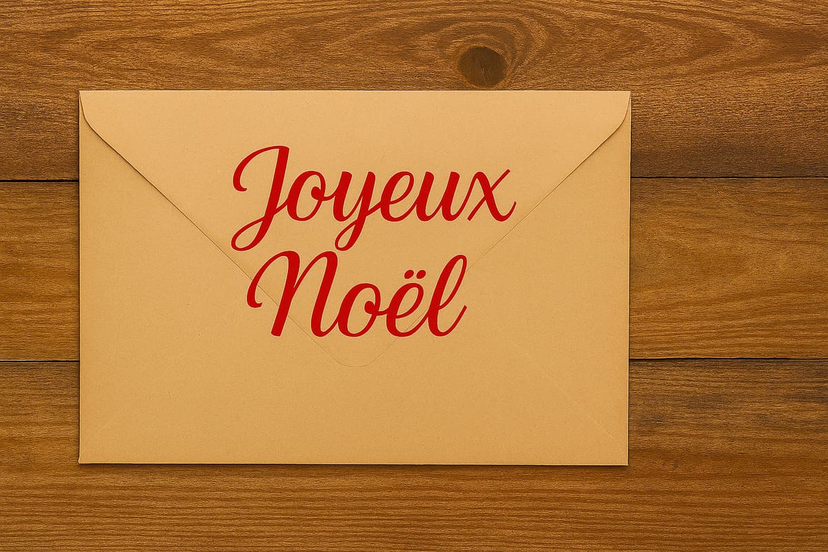 Photo d'une enveloppe équipée de l'expression « Joyeux Noël » en lettrage typographique.