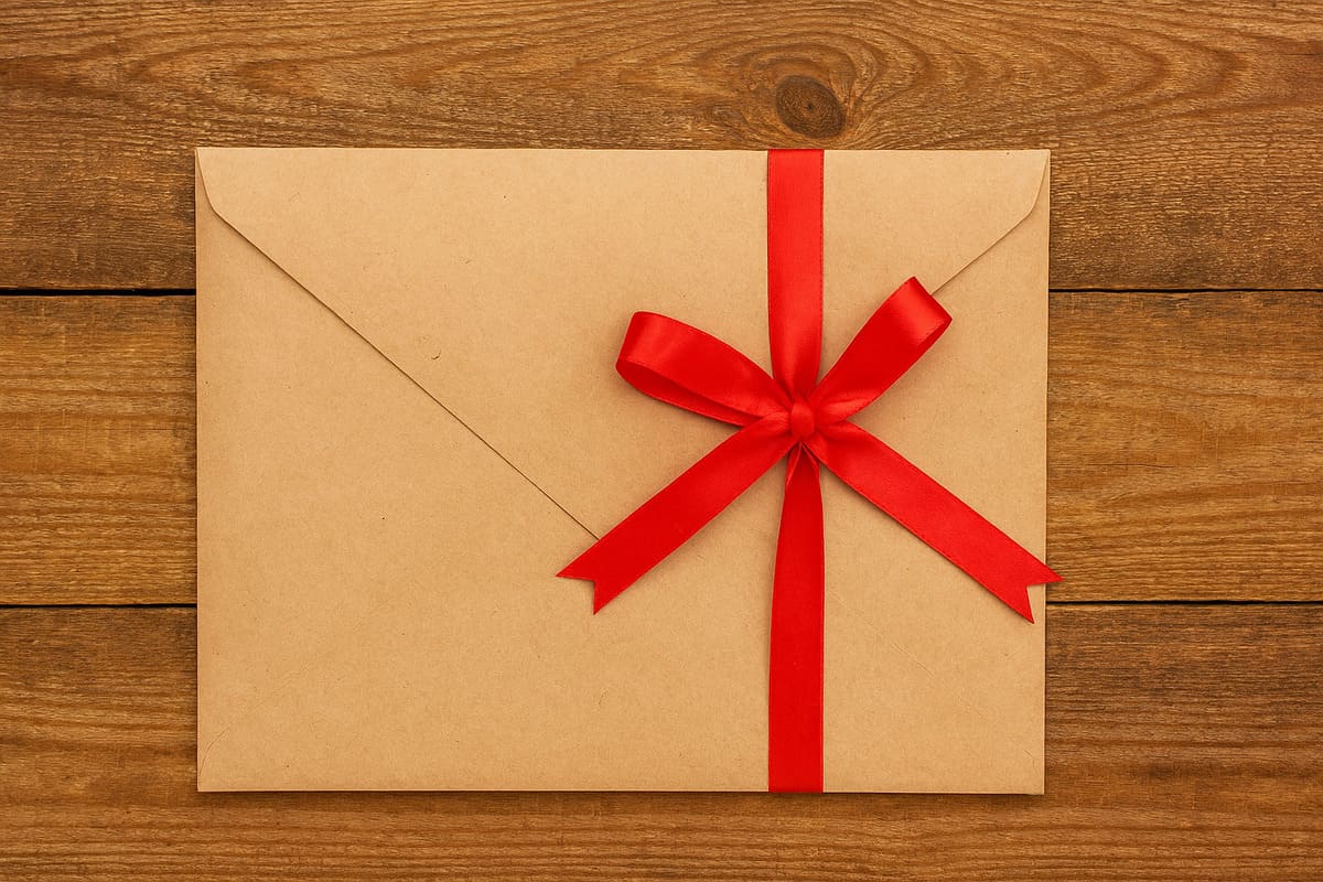 Image d’une enveloppe kraft au ruban rouge.