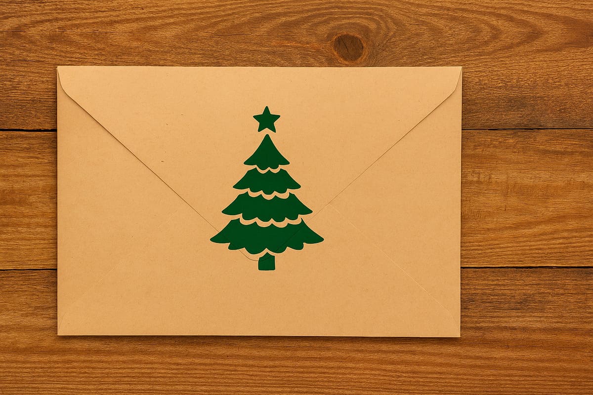 Photo d’une enveloppe contenant un sapin de Noël.