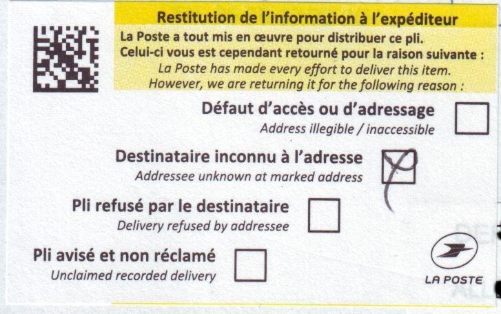 Image d'un exemple d'un pli non distribué acheminé par la Poste.